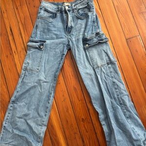 Wide Leg Denim Cargo Jeans
